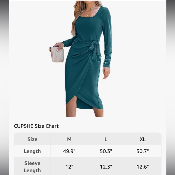 CUPSHE Scoop Neck Belted Long Sleeve Wrap‎ Midi Dress in teal size medium - Picture 4 of 10